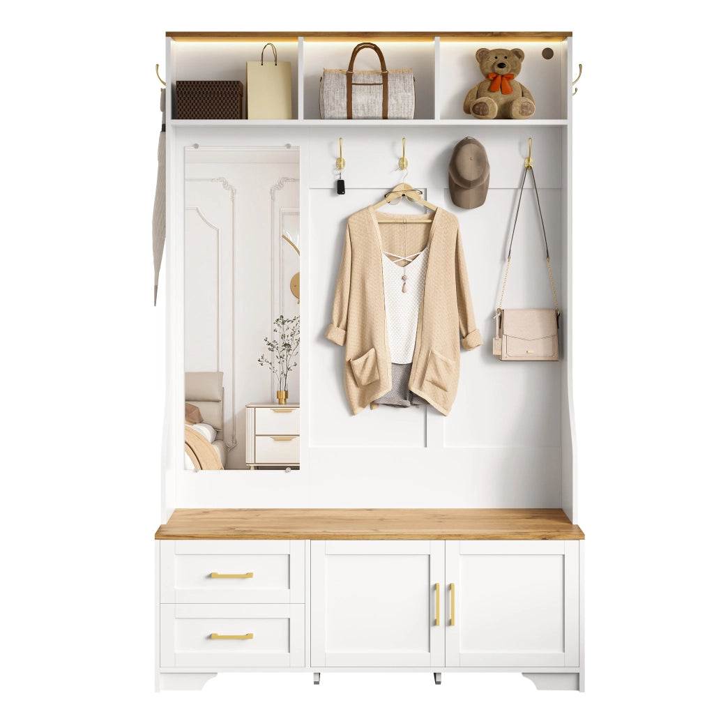 Mobile Ingresso con Specchio; LED; Ganci; Ante e Cassetti; Stile Moderno; in MDF; 120??40??187 cm; Bianco e Legno