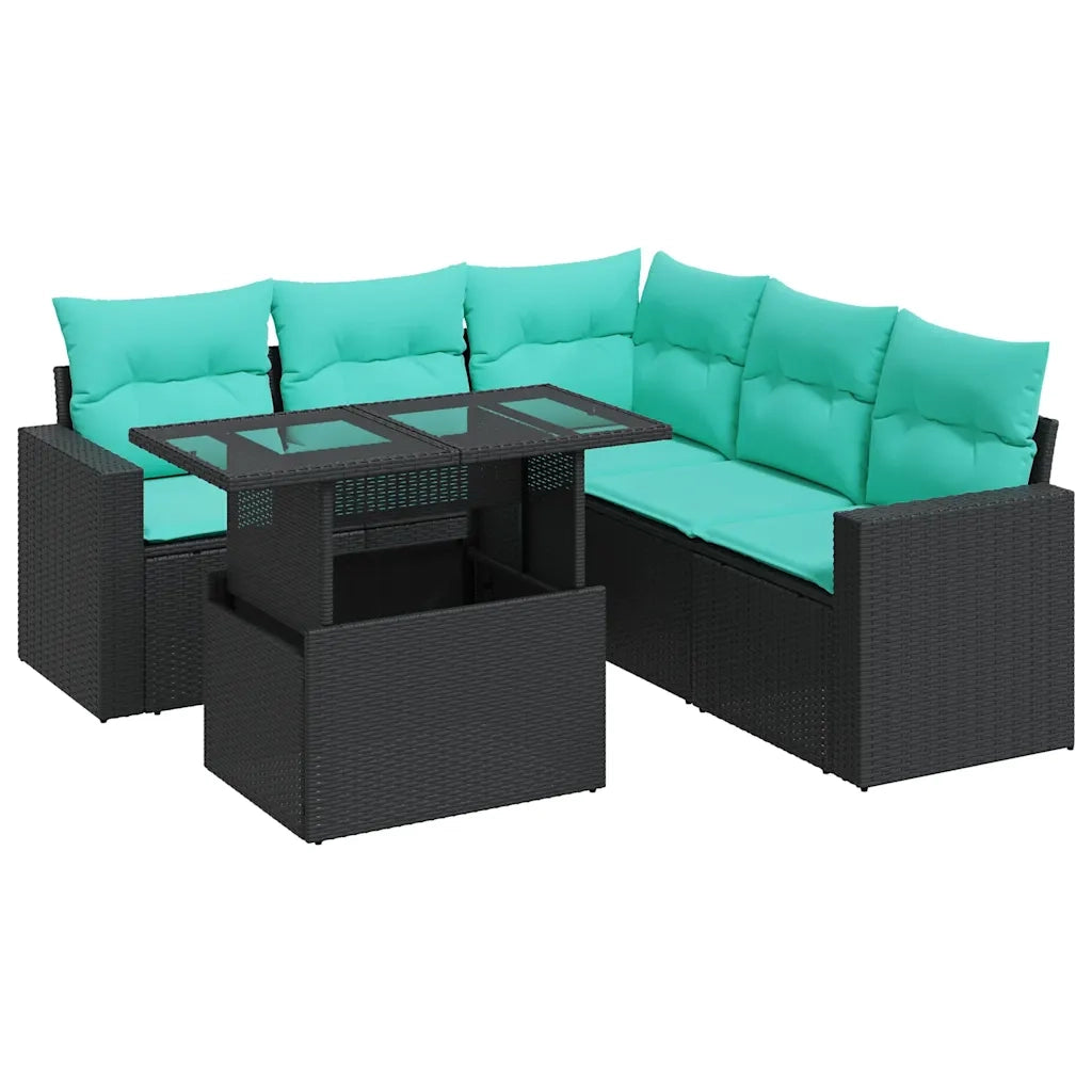 Set Divano da Giardino 6 pz con Cuscini Nero Polyrattan Acacia 3326318