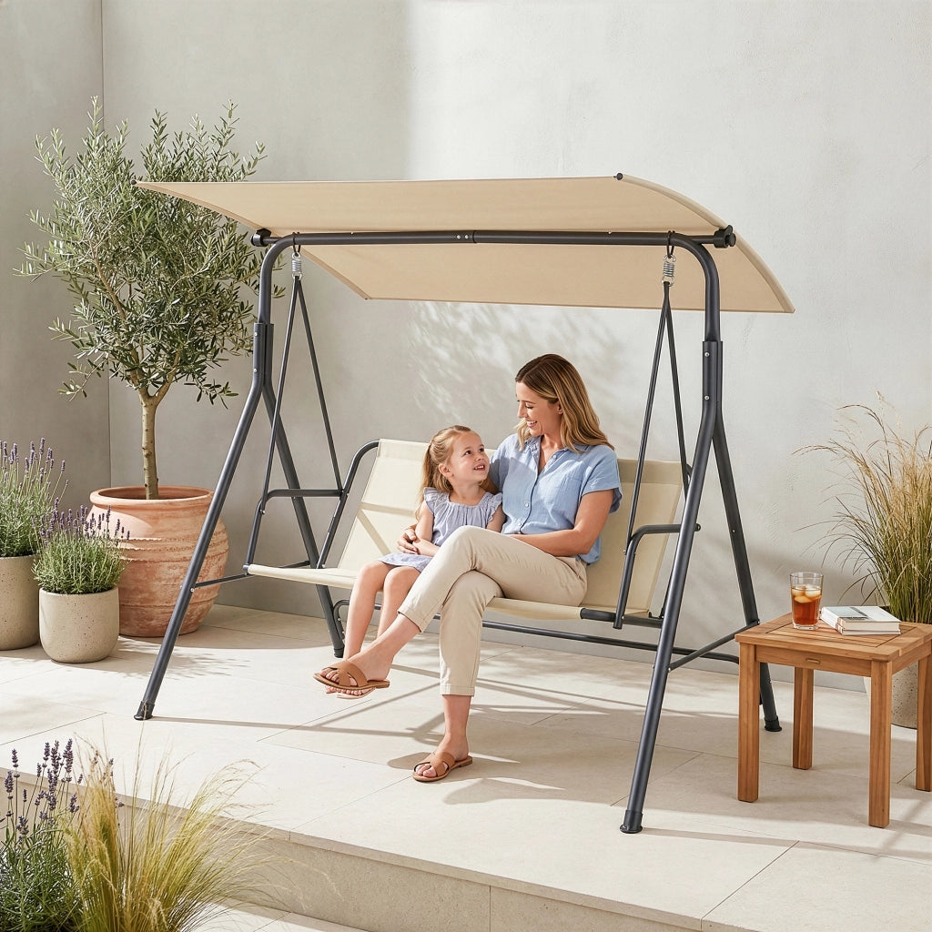 Dondolo da Giardino Satten a 3 Posti con Tettuccio Parasole 173x119x153 cm - Grigio / Beige [en.casa]