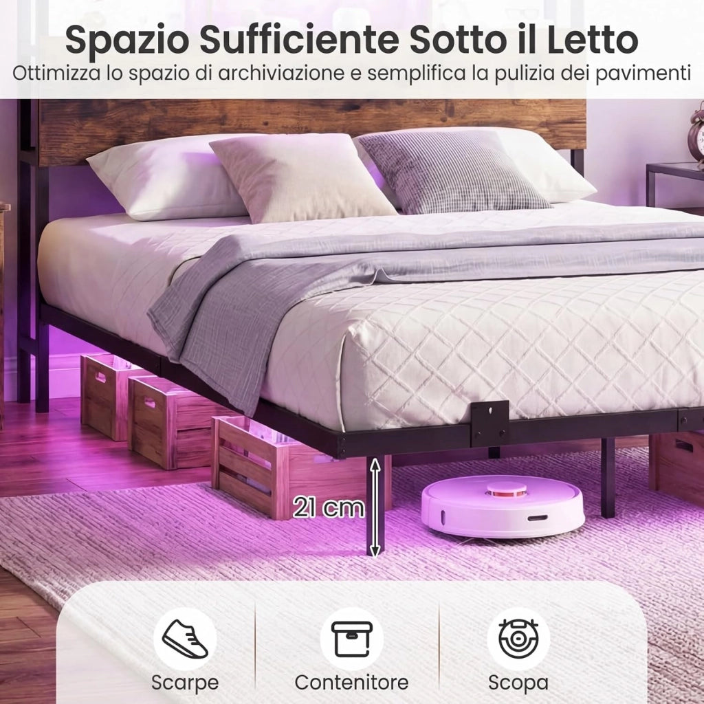 Letto Matrimoniale 140 x 200 cm, Struttura Letto Fluttuante con Luci LED e Stazione di Ricarica, Telaio Industriale in Metallo con Testiera Contenitore, Silenzioso