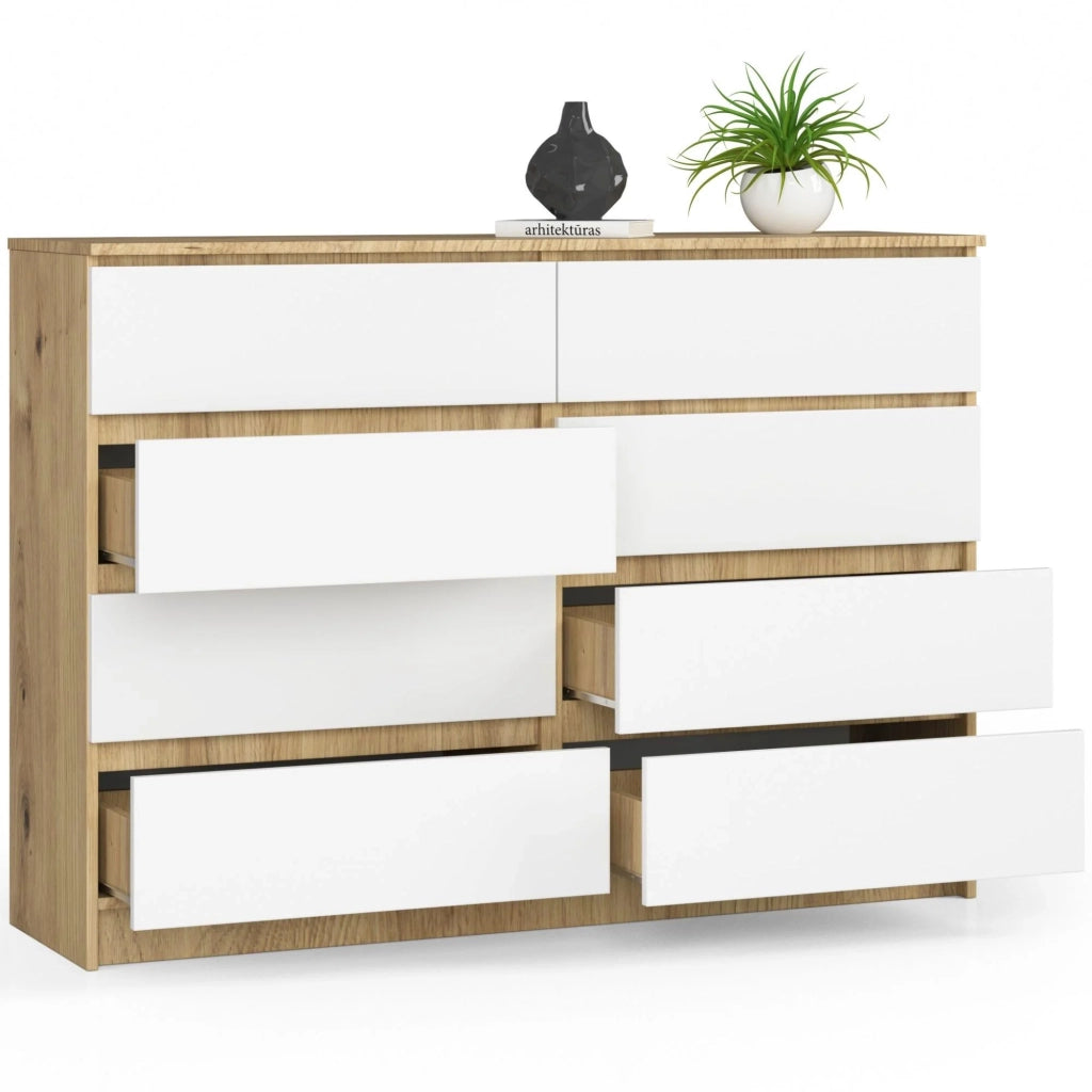 Cassettiera AKORD K140 Quercia Artisan 138 cm 8 cassetti inserto frontale Bianco 138x40x99 cm