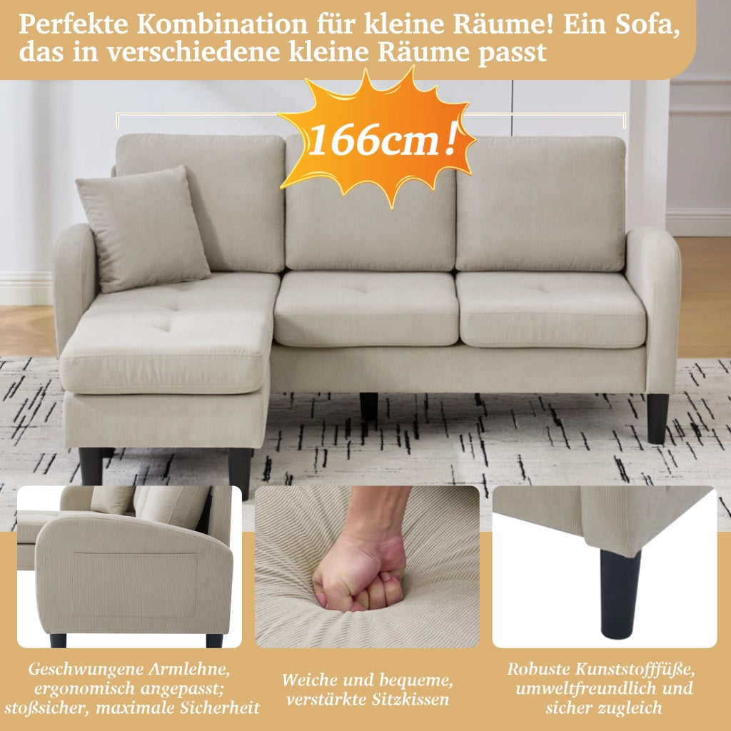 Divano angolare modulare 3 posti - con chaise longue reversibile - in tessuto cord - marrone grigio