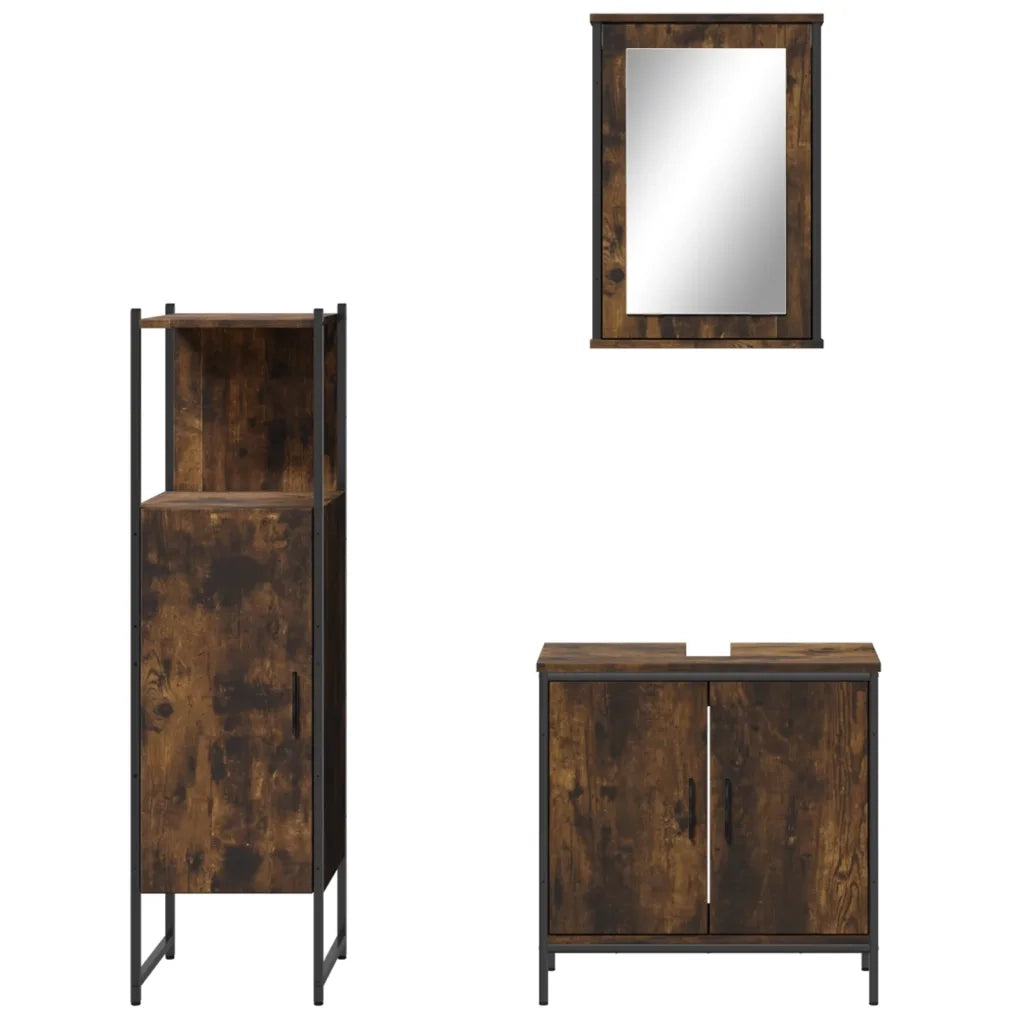Set Mobili da Bagno 3 pz Rovere Fumo in Legno Multistrato