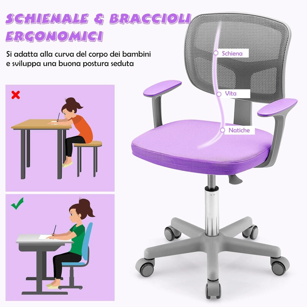 Sedia per Scrivania per Bambini, Sedia per Computer per Bambini con Altezza Regolabile, Ruote con Freni, Sedile Girevole a Rete, Sedia Ergonomica per Bambini 3-10 Anni (Viola chiaro)