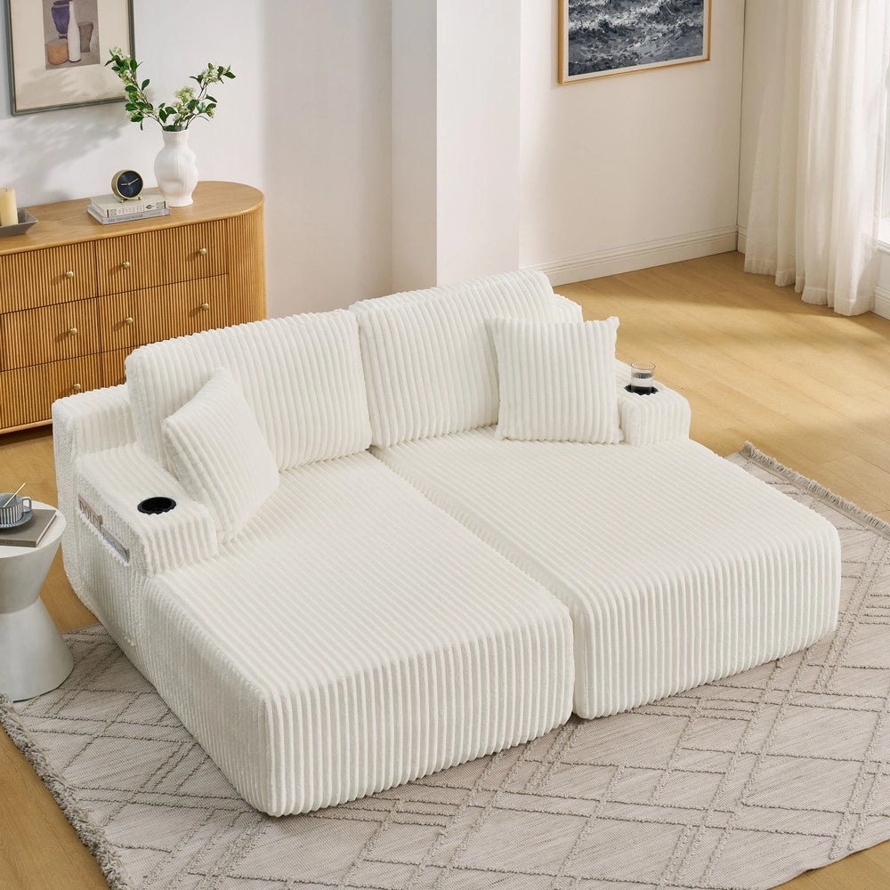 Divano Letto 2 Posti Relax ¨C Xylo ¨C Tessuto a Coste, Beige, con Cuscini e Poggiapiedi