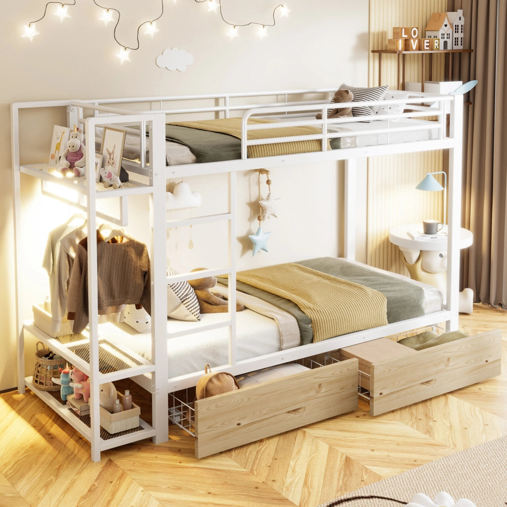 Letto a castello 90x200 cm con LED e 2 cassetti in metallo e MDF