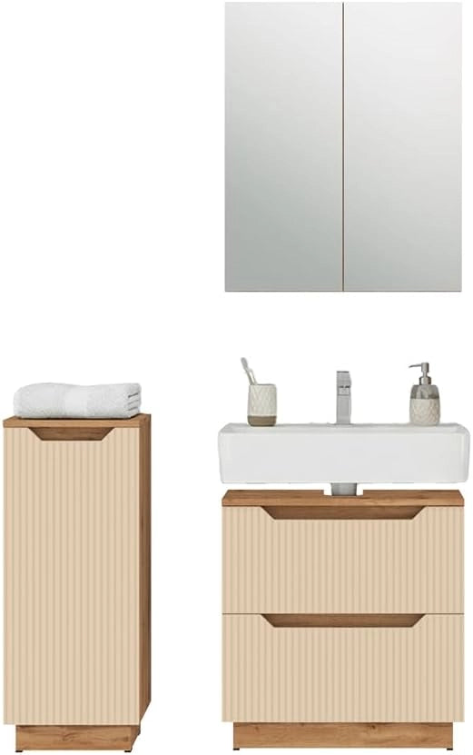 Set di mobili da bagno Lotta, Rovere/cashmere con struttura in piastrelle, 3 parti