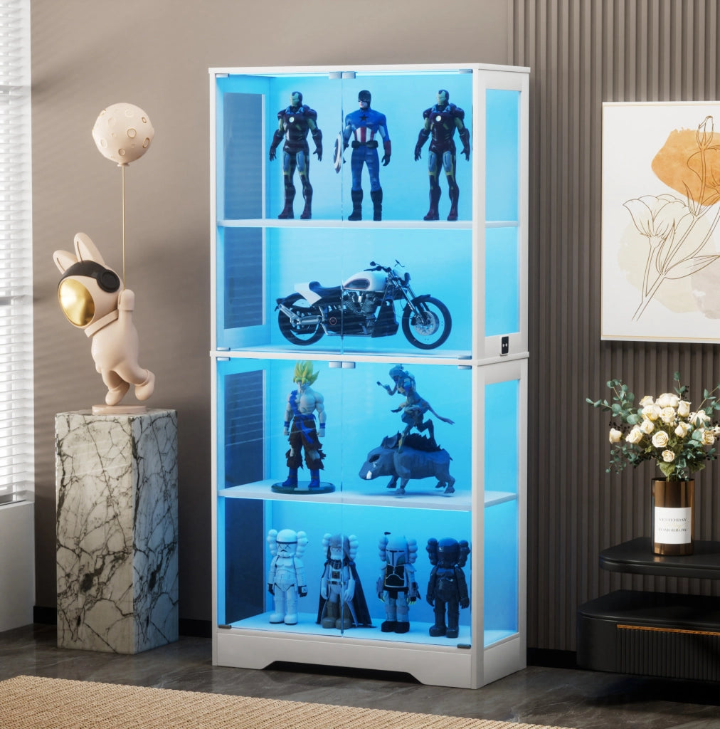 Vetrina in vetro con LED; sensore di movimento e ante in vetro 80x35x165 cm; bianca