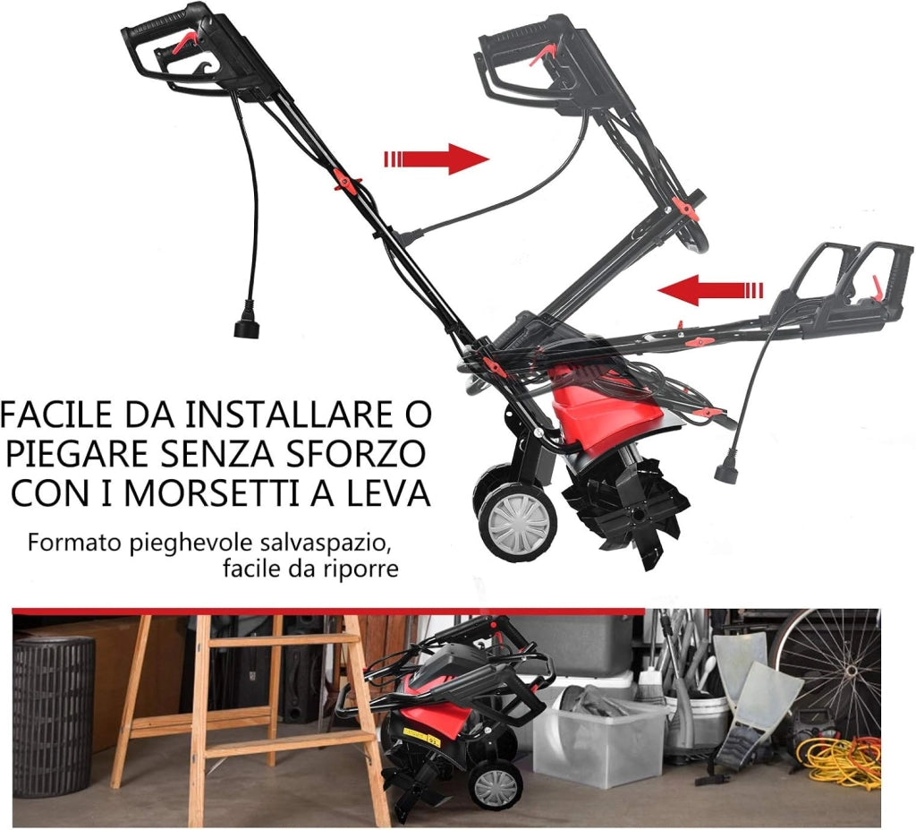 Motozappa Elettrica 1500W, Zappatrice Elettrica con Maniglia Pieghevole, Ruote Regolabili, 6 Lame, Velocità 400 PRM, Profondità 22 cm, Larghezza 43 cm (Rosso, 1500 W)