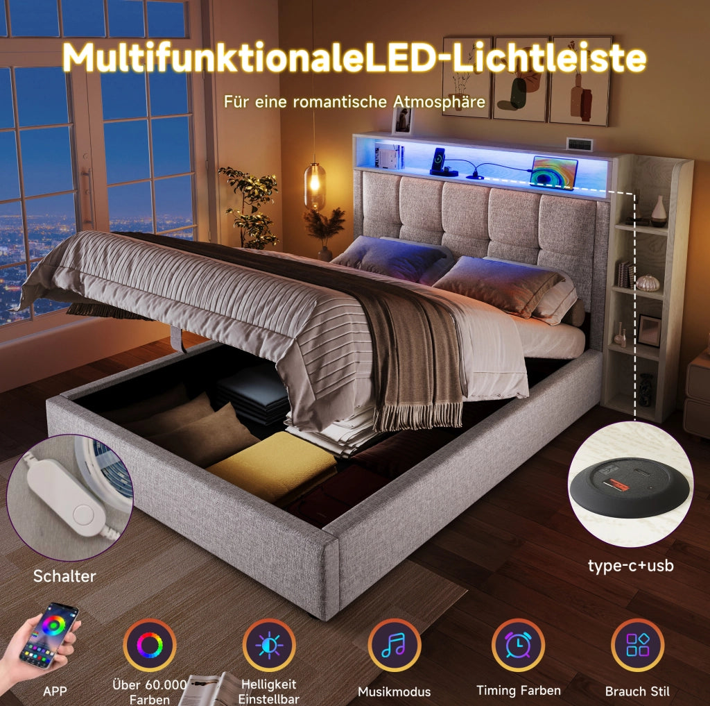 Letto imbottito 90x200 cm con vano contenitore idraulico; LED; USB e Type-C; lino beige