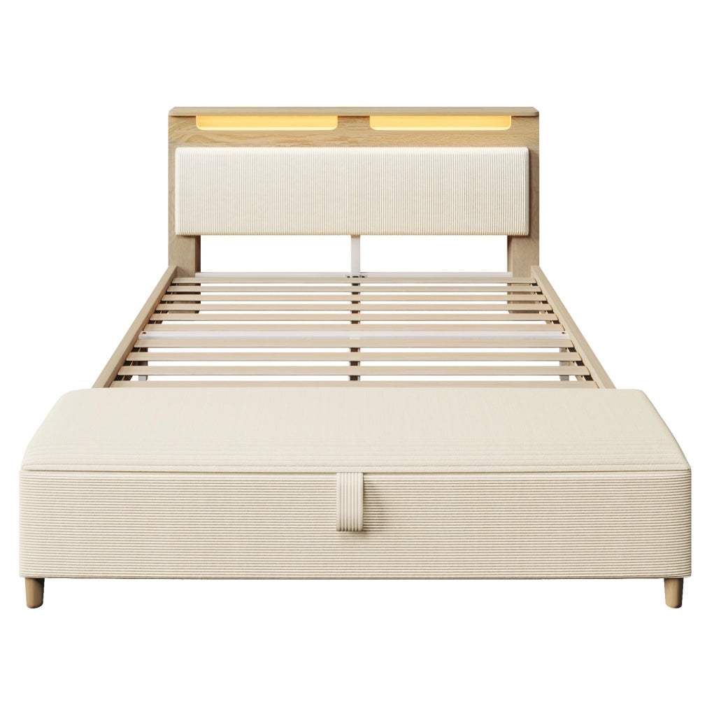 Letto 160x200 cm con LED e contenitore in legno e velluto a coste beige