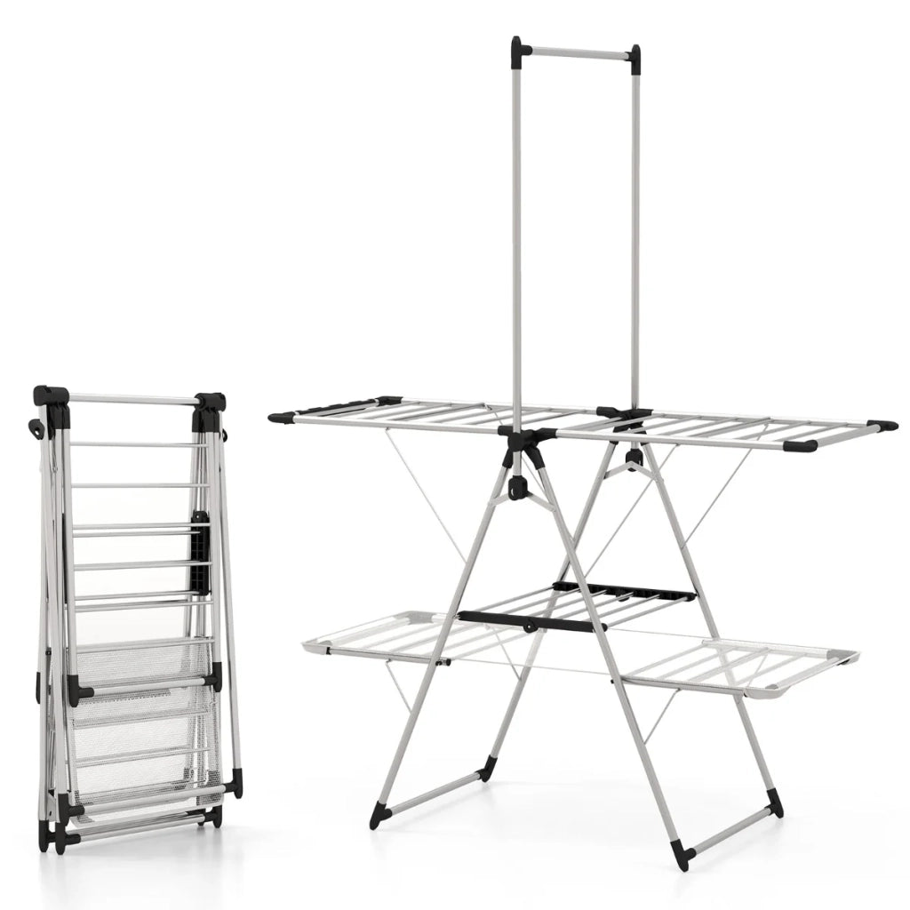 Stendibiancheria pieghevole 138 x 63 x 182 cm con ali regolabili e clip per calzini in acciaio inox argentato 20_0013731