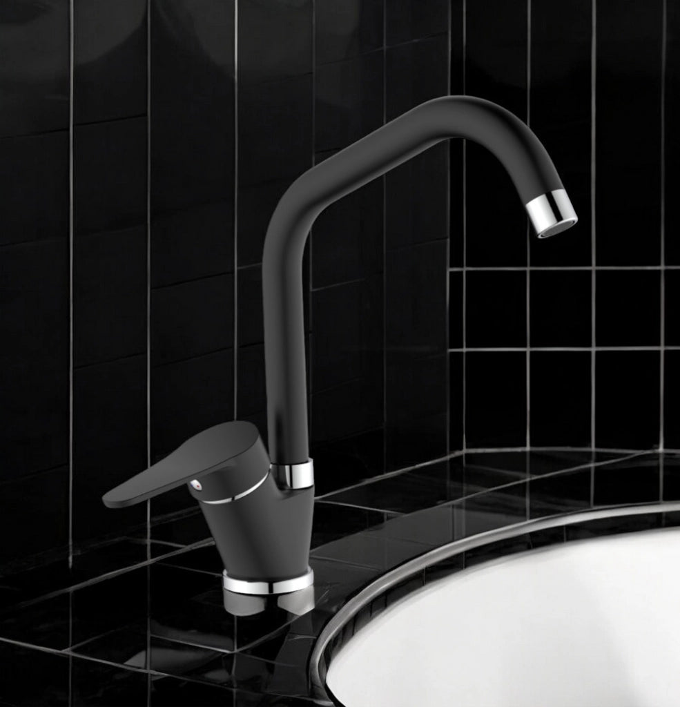 Miscelatore per cucina in ottone finitura granito nero, canna a ponte