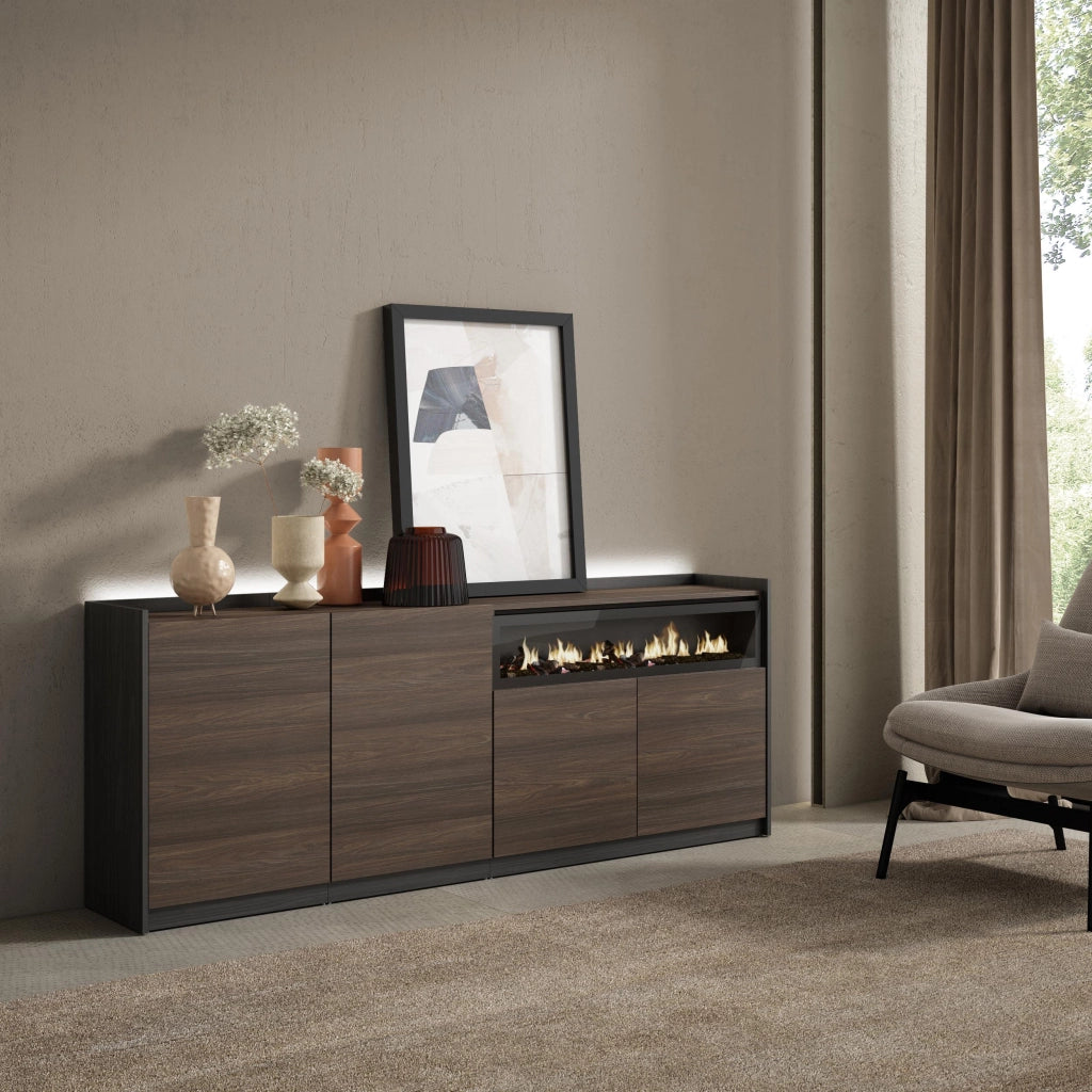Credenza, Mobile, Cucina, 207x80x37 cm, 4 Porte, Camino elettrico, LED, Rovere scuro e Nero