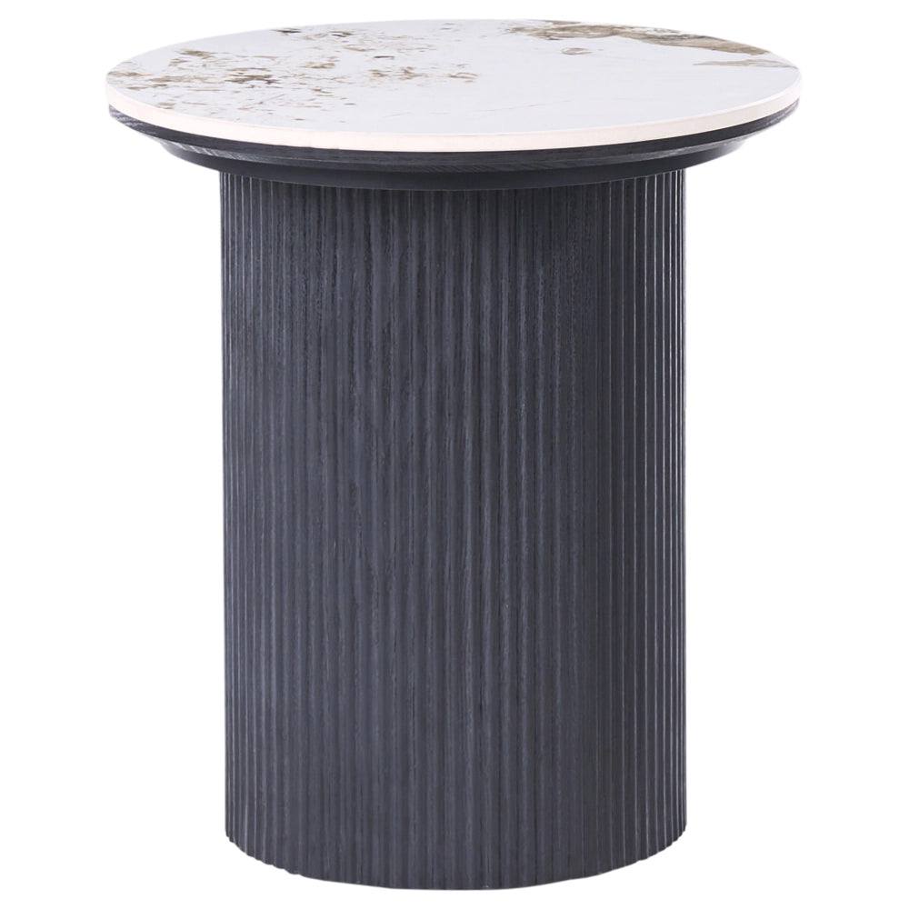 Tavolino Base in MDF Piano in marmo bianco ceramico Design moderno Gambe scanalate ø 45 cm Nero