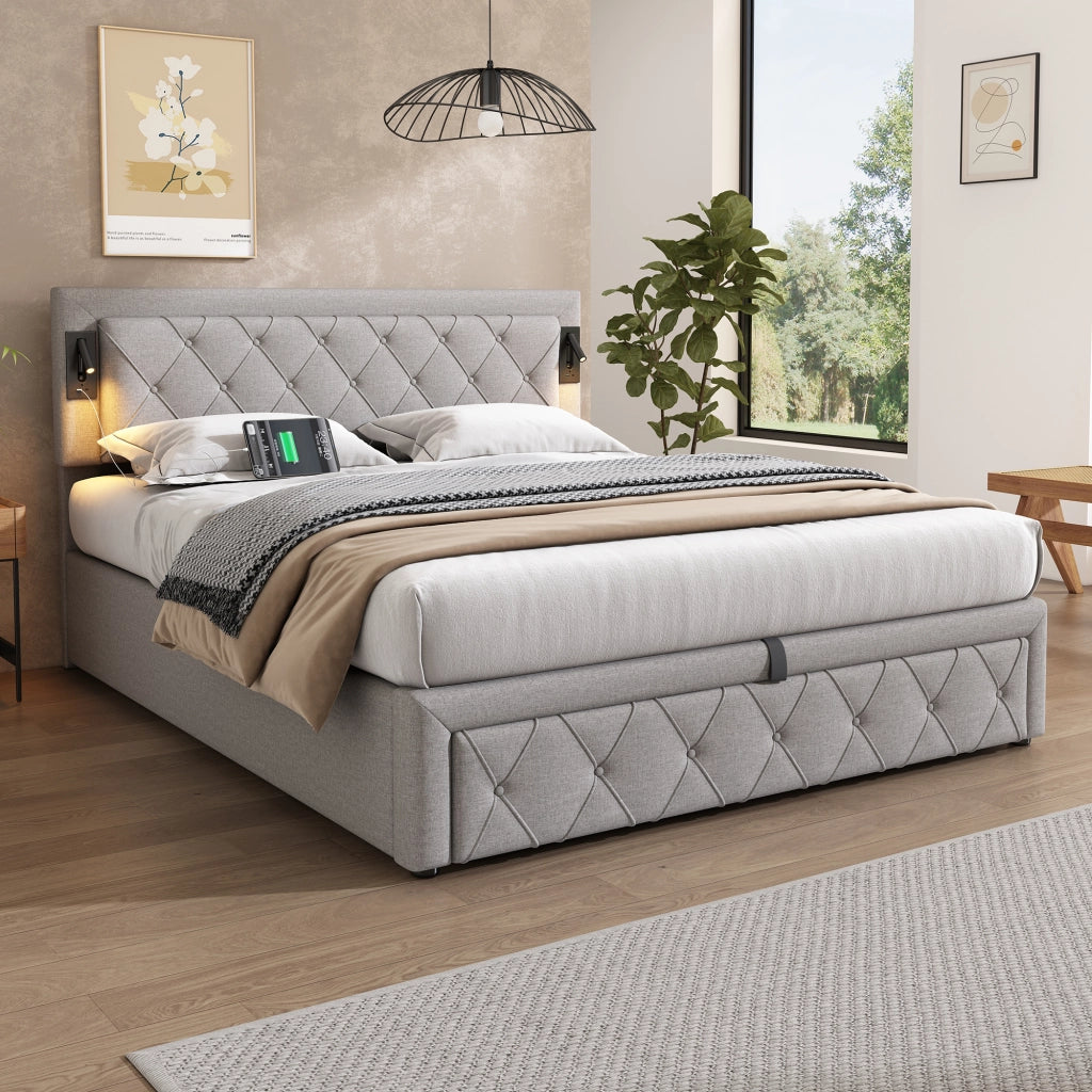 Letto imbottito matrimoniale 160x200 con luci laterali, porte USB, contenitore e rete a doghe in legno, grigio