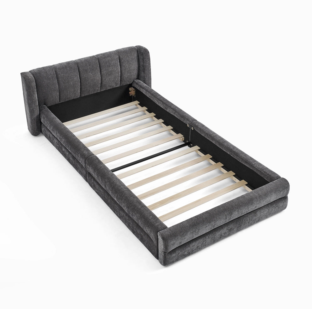 Letto singolo 90x200 cm in tessuto Chenille; testiera ergonomica; grigio scuro
