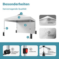 Gazebo pieghevole pop-up bianco, 3 x 3 m con parete laterale e ruote