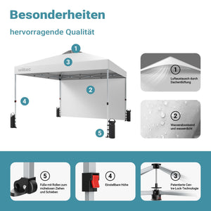 Gazebo pieghevole pop-up bianco, 3 x 3 m con parete laterale e ruote