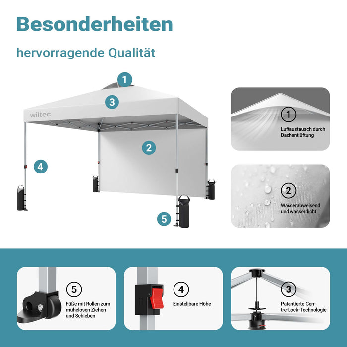 Gazebo pieghevole pop-up bianco, 3 x 3 m con parete laterale e ruote