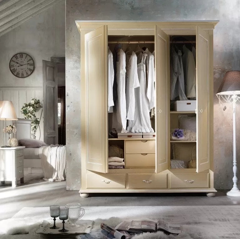 Armadio in legno 3 ante shabby avorio 183x62x227 - Mobili 2G