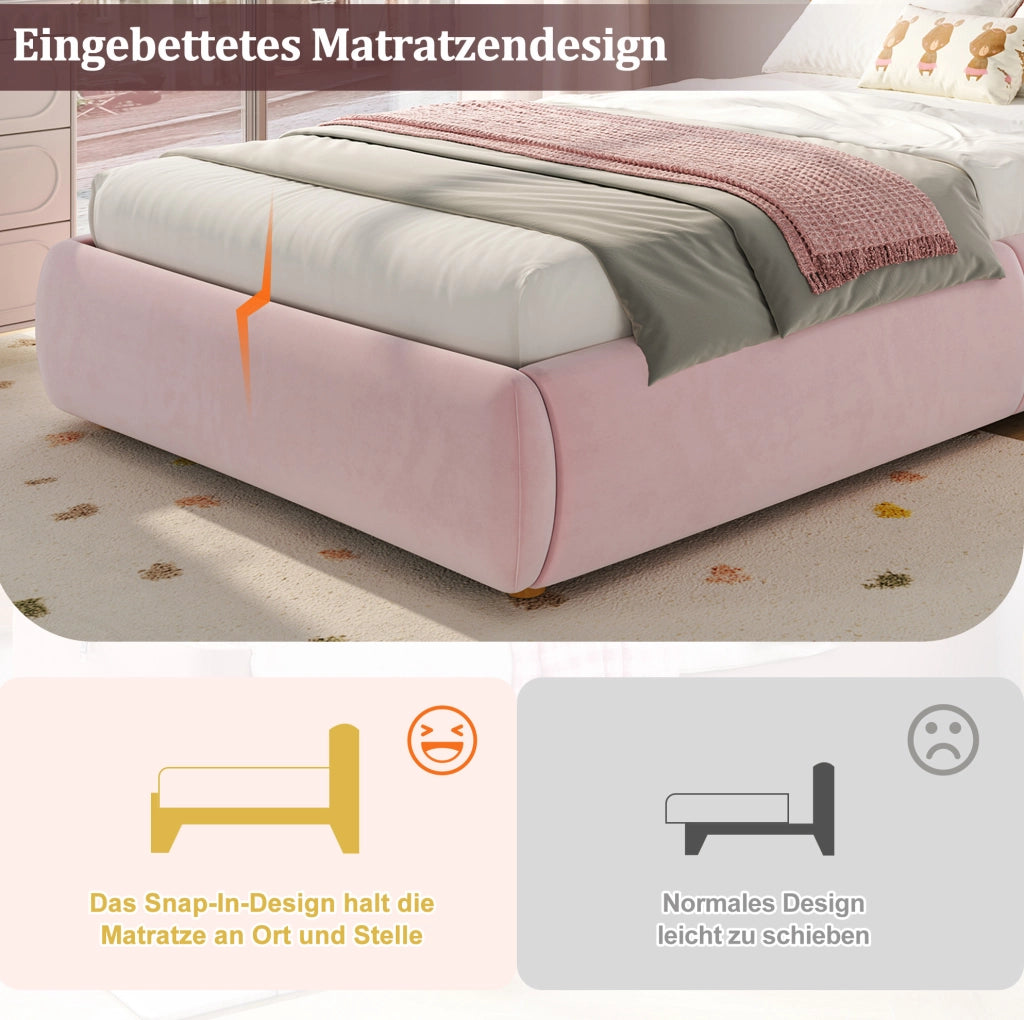 Letto imbottito per bambini in velluto rosa con contenitore idraulico e rete a doghe