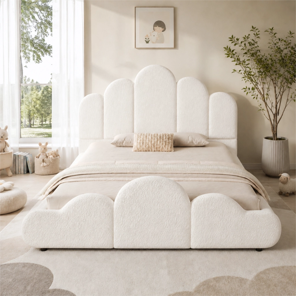Letto Singolo 140x200 cm; con testiera imbottita; angoli arrotondati; bouclé beige