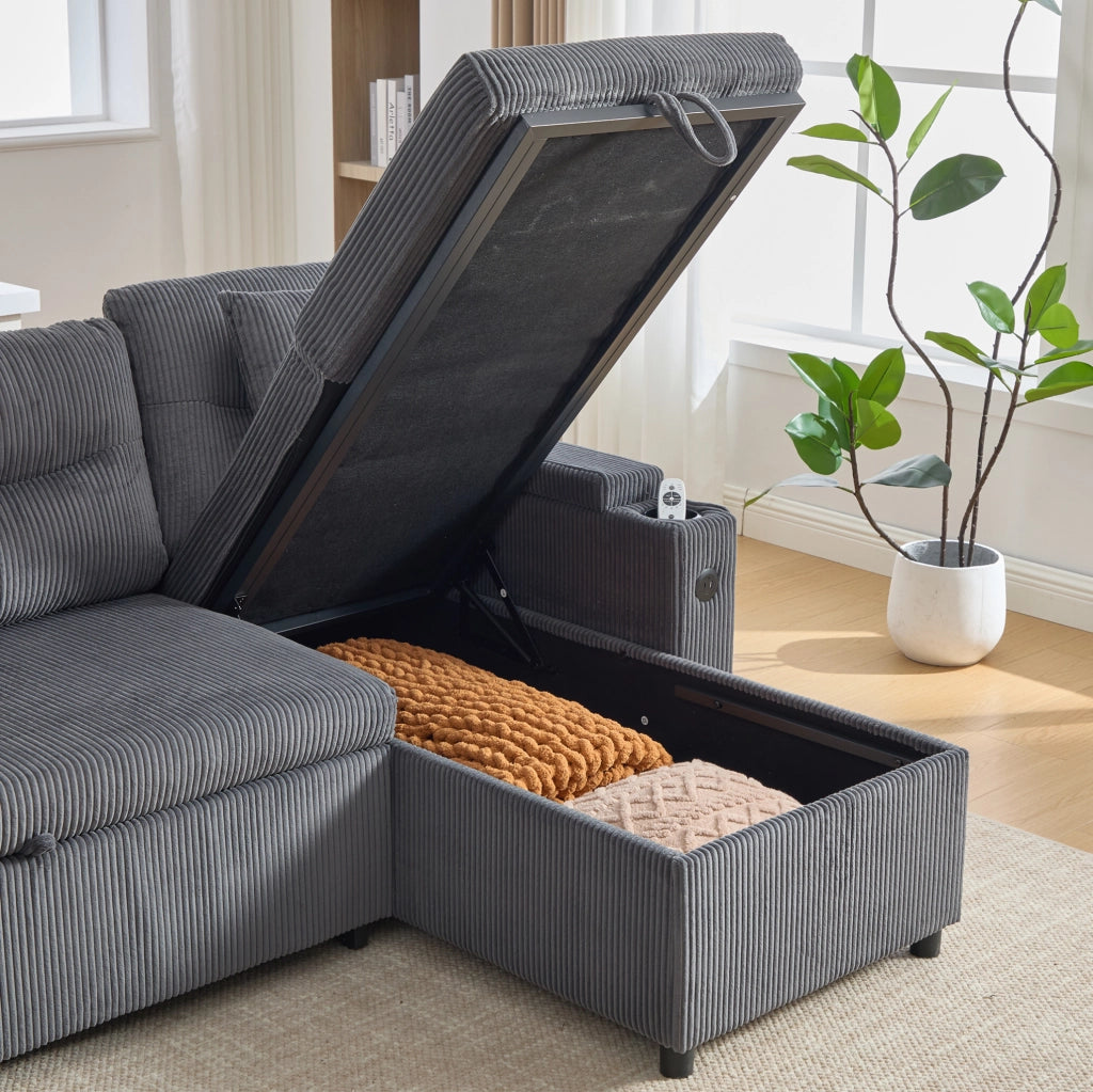 Divano 4 posti con doppia chaise longue; contenitore; portabicchieri e USB-C; 272x136x86 cm; grigio carbone