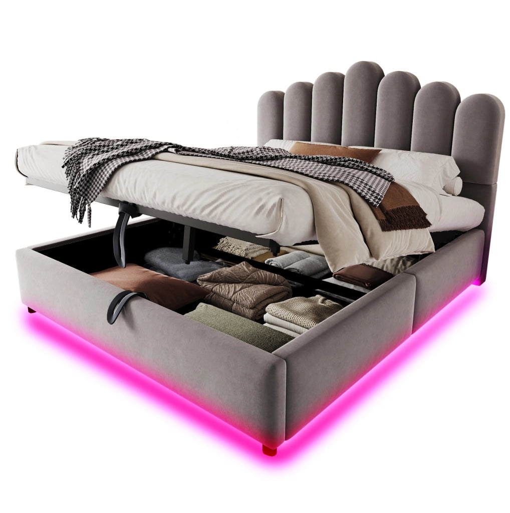 Letto imbottito 140x200 cm con contenitore; LED e testiera unica in velluto grigio