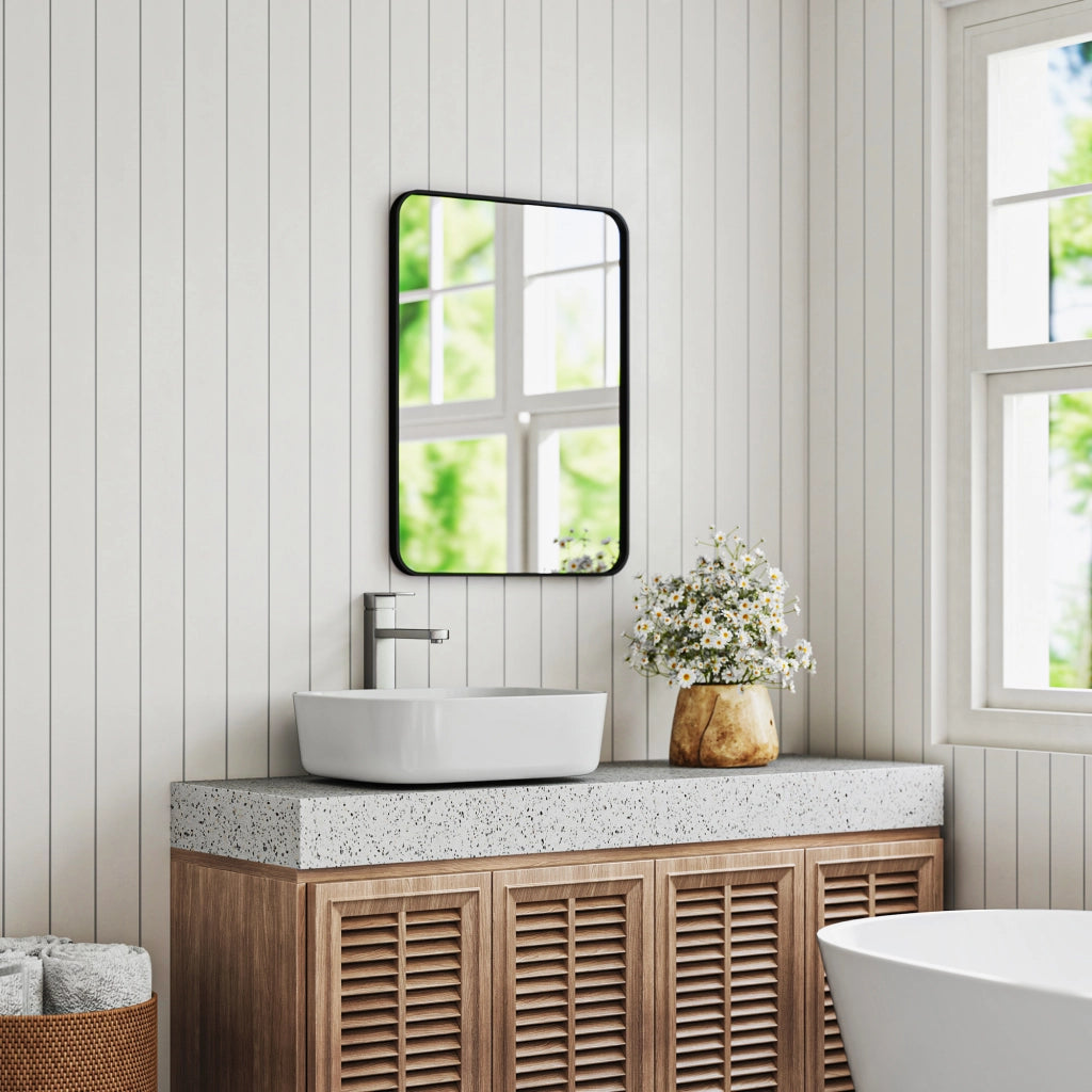 Specchio Bagno con Cornice in Metallo e Gancio, 60x2.5x80 cm, Nero