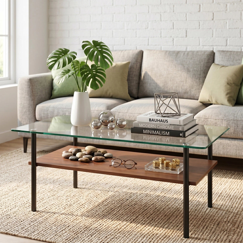 Tavolino basso con piano in vetro temperato e ripiano in MDF, struttura in metallo, nero e marrone, 98 × 58 × 45 cm