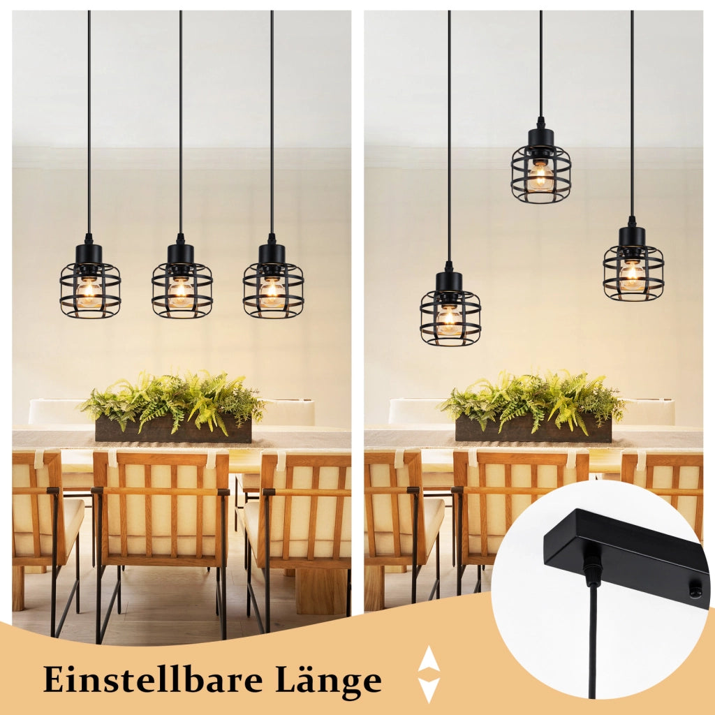 Lampada a sospensione ZMH vintage in metallo nera 3 luci E14 altezza regolabile senza lampadina
