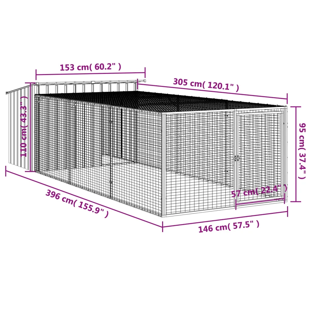 Cuccia per cani con recinto antracite 153x396x110 cm in acciaio zincato 3214223