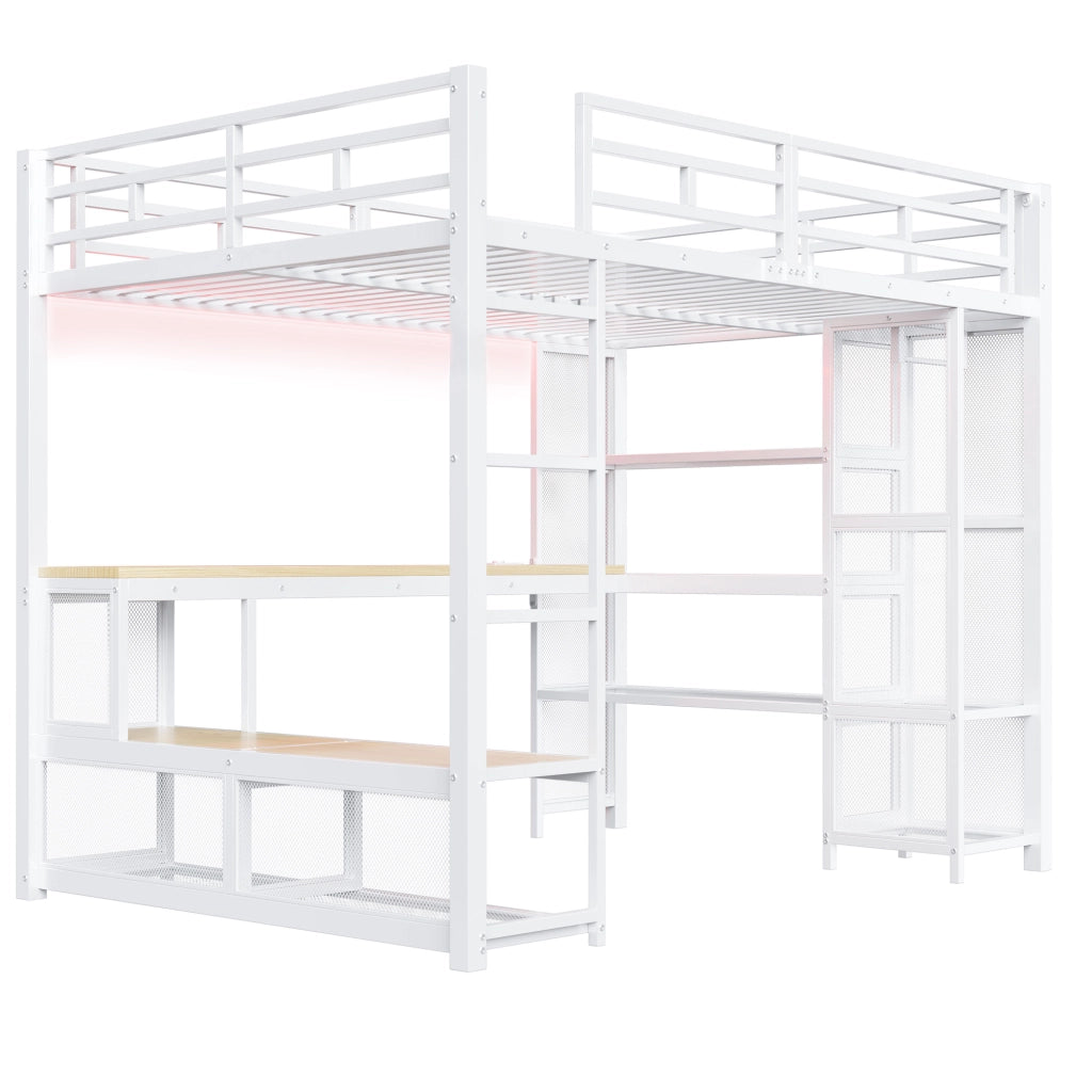 LETTO a soppalco 140x200 cm in metallo e MDF bianco con scrivania, LED e armadio aperto