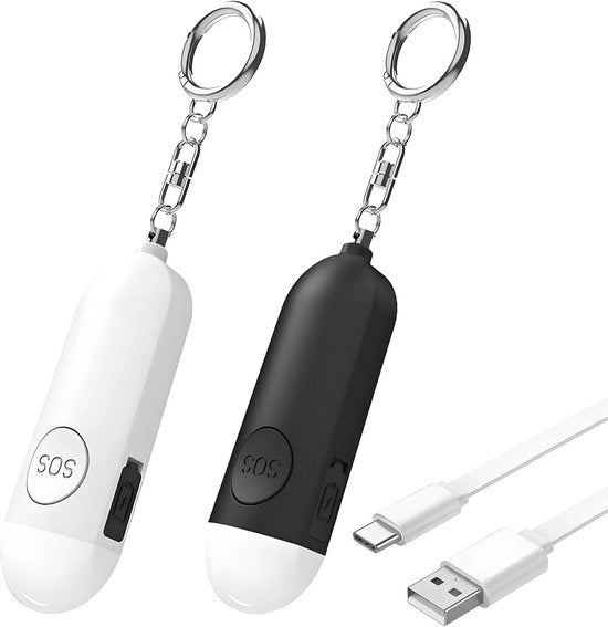 Alarme personale di sicurezza - 2-pack - Alarme con funzione di stroboscopio - Adattabile per chiama di soccorso - Adatto per donne, bambini, escursionisti notturni - Alarme SOS con caricamento via USB