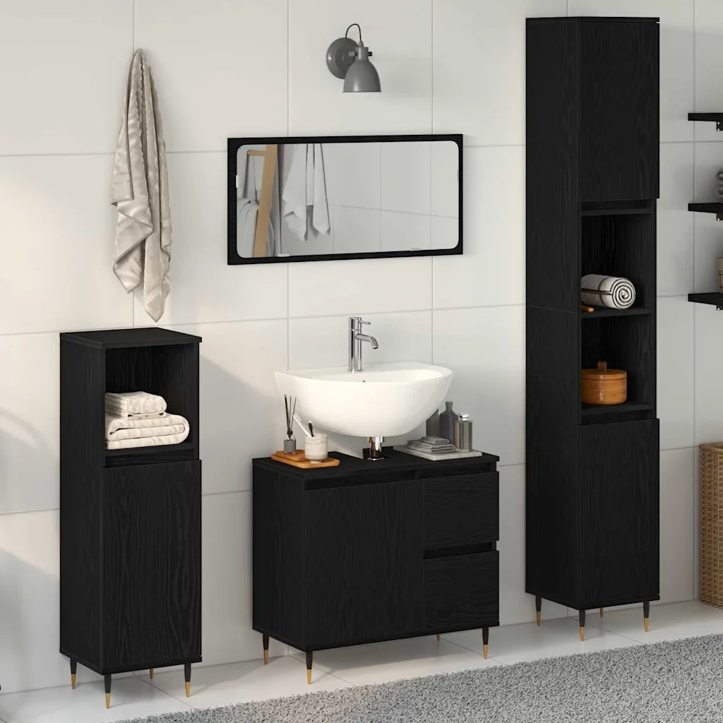 Set di mobili per il bagno 3 pcs Rovere Nero 30 x 30 x 190 cm 3333096