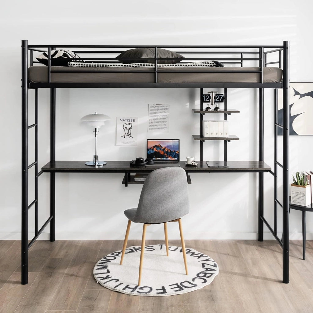 Letto a Soppalco in Metallo, Struttura del Letto Salvaspazio con 2 Scale e Scrivania, Letto a Doghe Ideale per Adolescenti e Adulti, 200x95x180,5 cm (Nero)