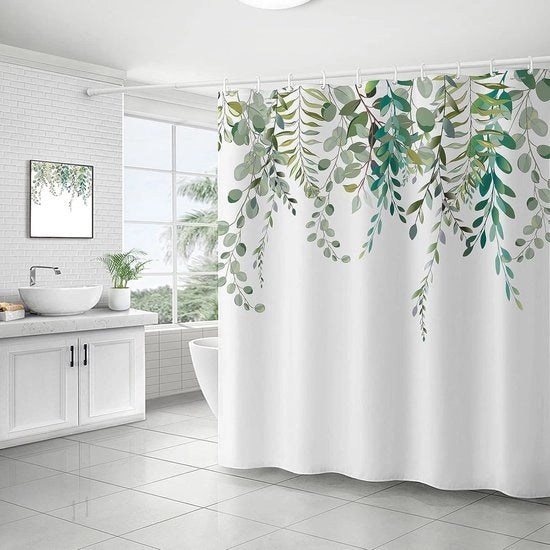 Douchegordino, 120 x 200 cm, impermeabile, lavabile, tenda bagno, verde, foglie, fiori, lavabile, poliestere, tende bagno con 12 anelli di tenda doccia, per bagno, vasca da bagno