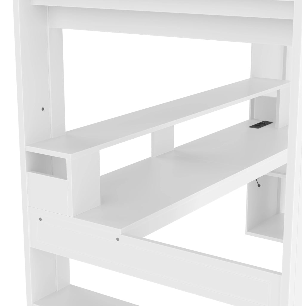 Letto a soppalco 90x200 cm con scrivania; cassetto; scaffali e LED in pino bianco