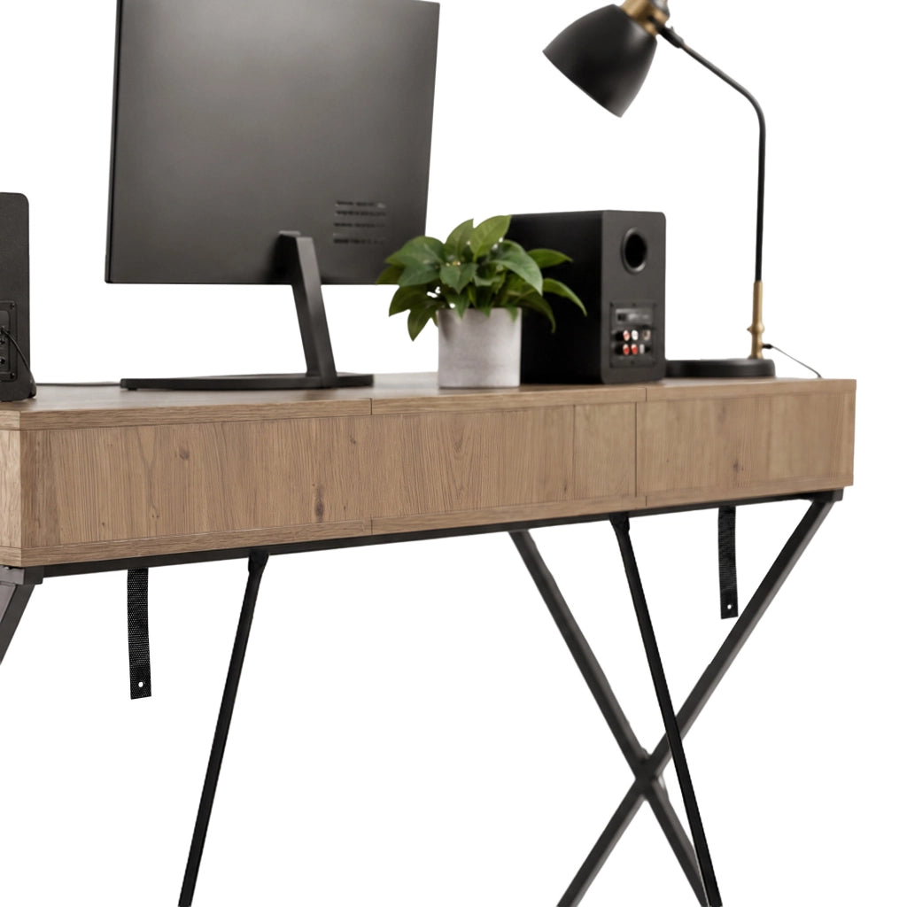 Scrivania PC industriale Rovere Artisan CROSSLINE 120 cm 2 cassetti 1 ripiano gambe nere