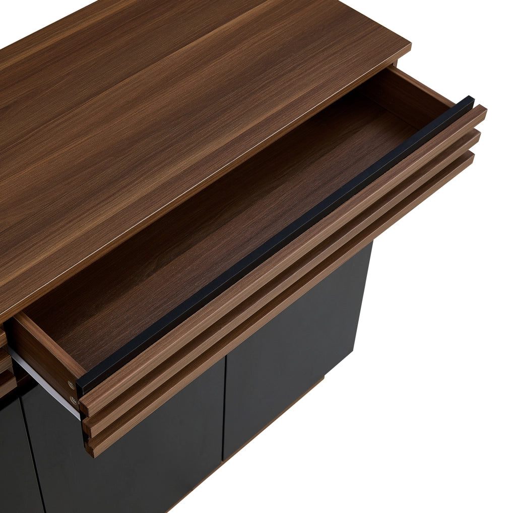 Credenza 150x40x85 cm in MDF marrone effetto legno e nero con 4 ante e 2 cassetti