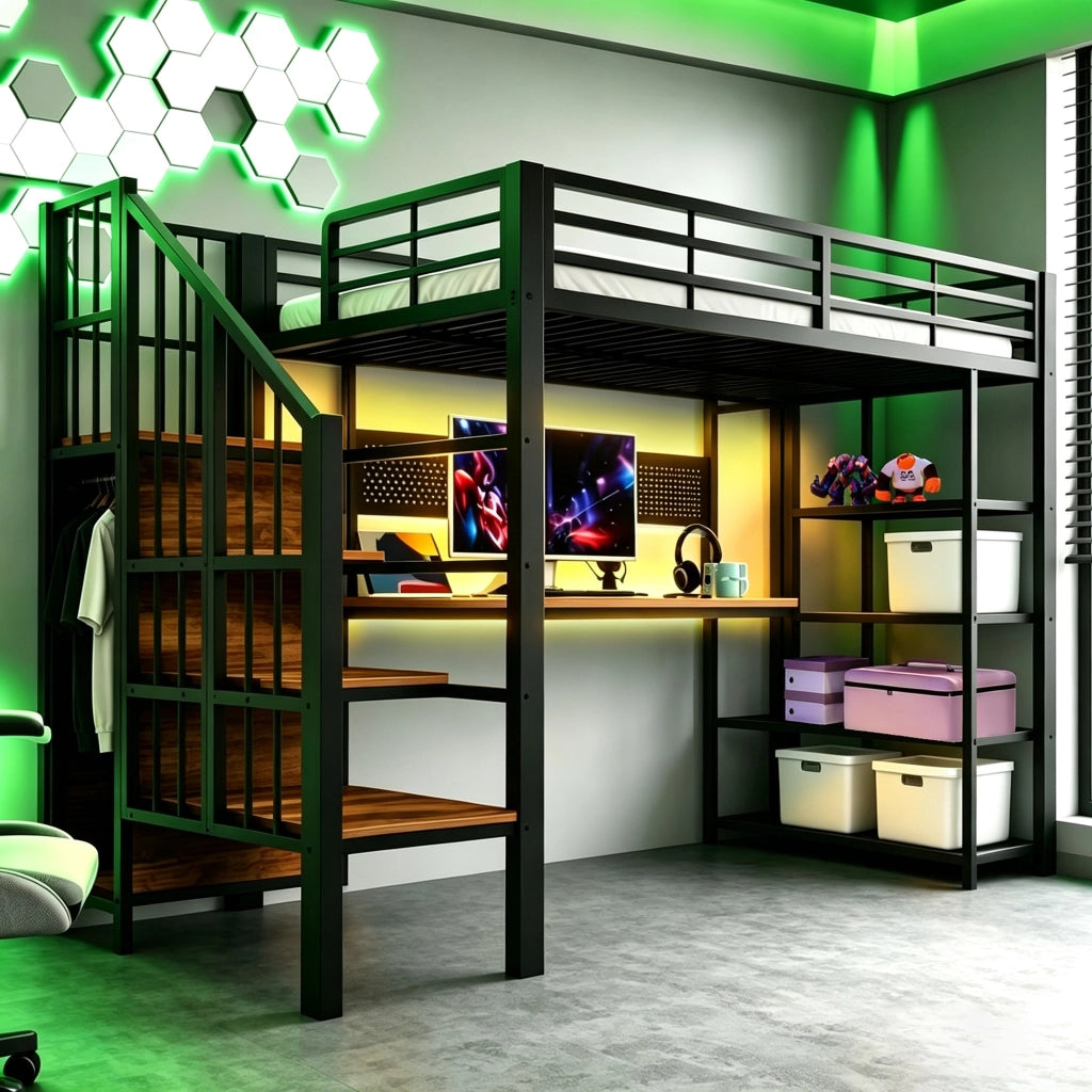 LETTO a soppalco 90x200 cm Nero in metallo e legno con LED e prese