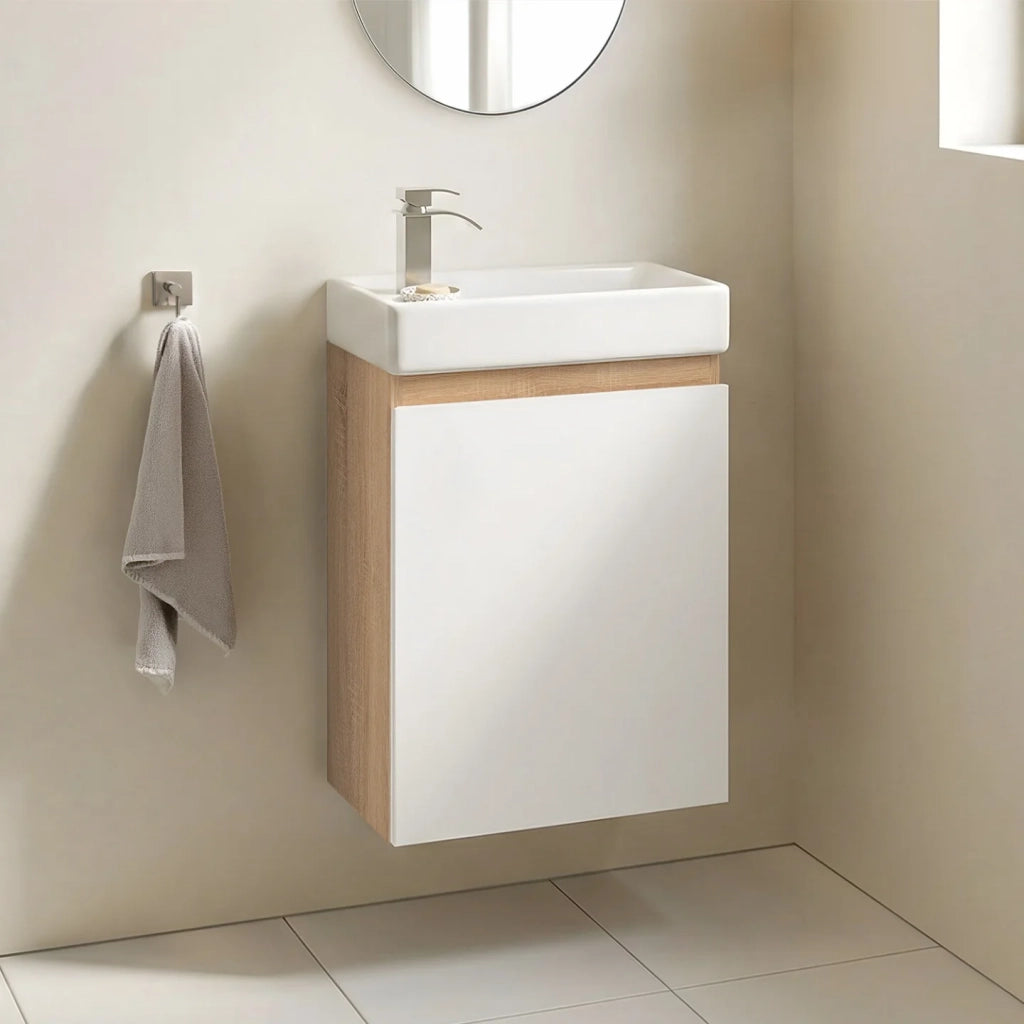 IDMarket - TOMI Mobile lavabo sospeso a 1 anta in faggio e bianco con lavabo in ceramica bianca