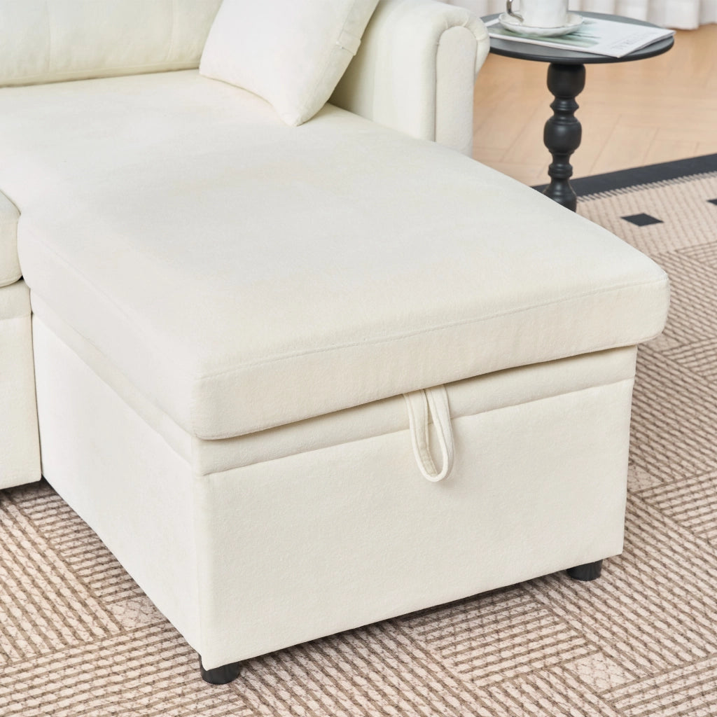 Divano angolare convertibile con letto, contenitore e chaiselongue reversibile con tasche laterali in chenille beige