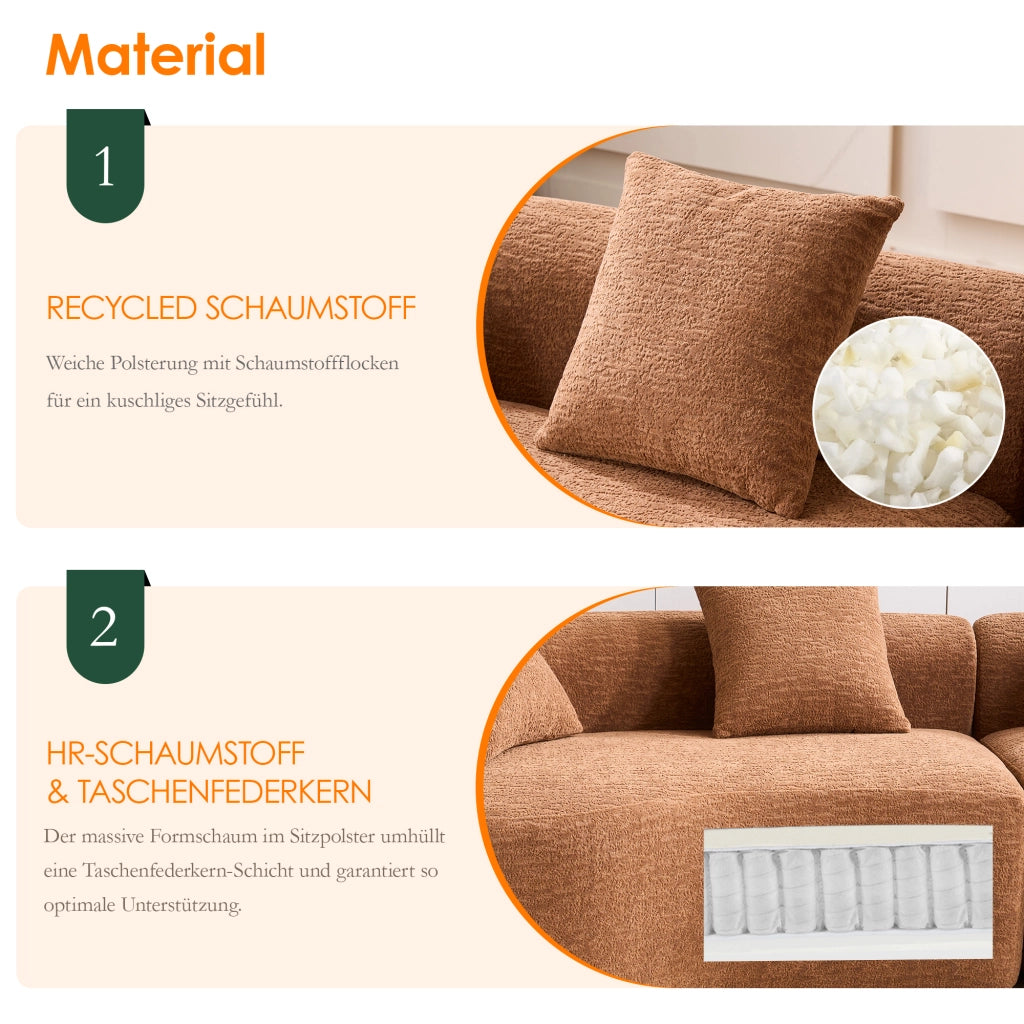 Divano ad angolo modulare 4 posti in chenille con design curvo e comfort elevato per soggiorno, color caramello