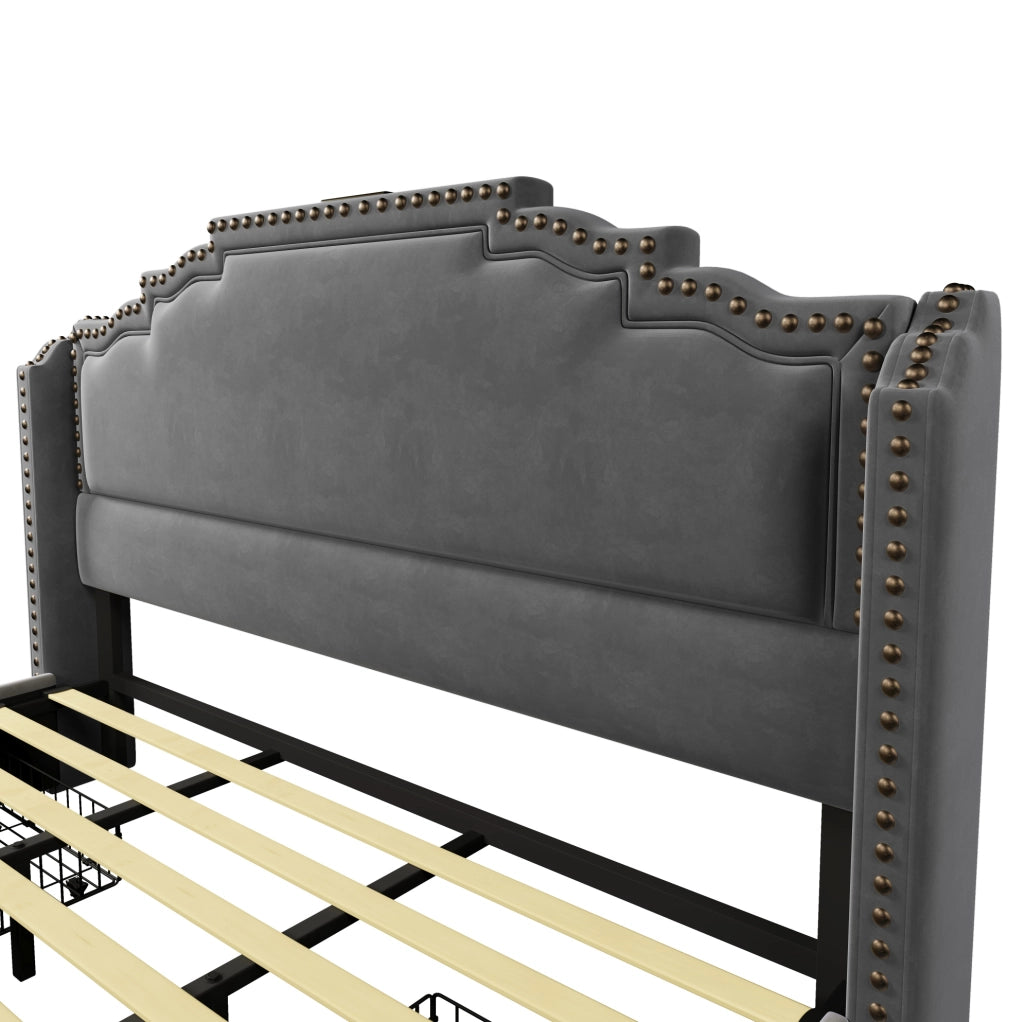 Letto matrimoniale 180x200 cm in velluto grigio con LED; USB e 4 cassetti