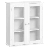 kleankin Armadietto Pensile Bagno a 2 Ante in Legno e Vetro con Ripiano Regolabile, 55x20x65 cm, Bianco