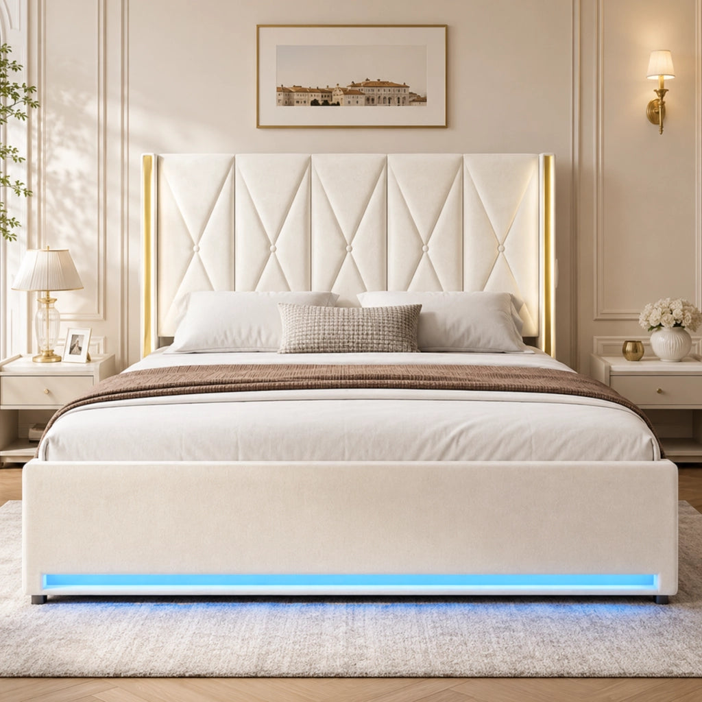Letto matrimoniale 180x200 cm in velluto beige con testiera alta; LED; USB e contenitore