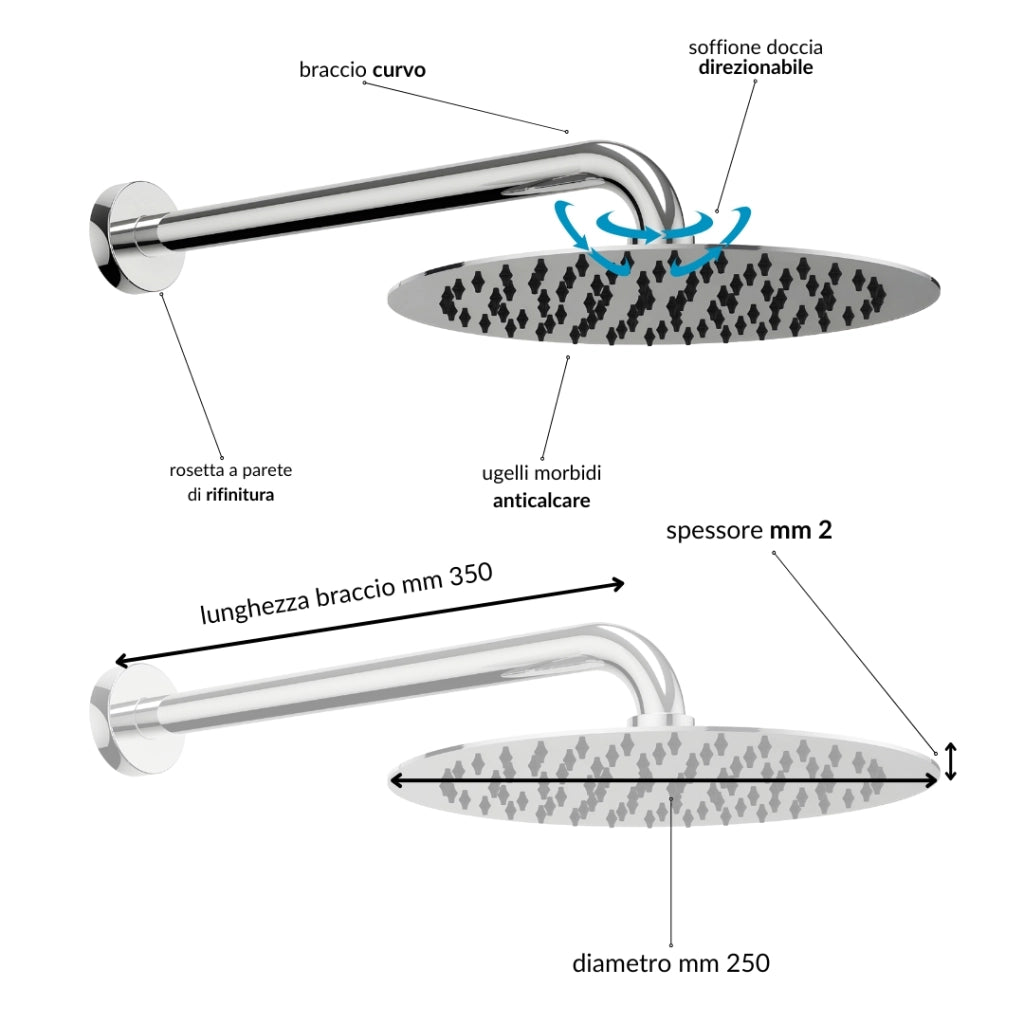 Kit doccia tondo diametro cm 25 doccino flessibile cm 150 pvc ugelli anticalcare *** tipo di accessorio soffione 2 mm...