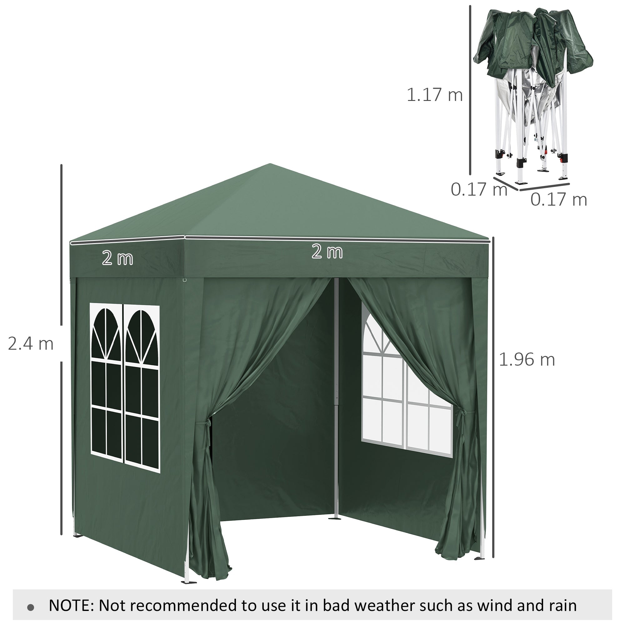 Gazebo Pieghevole 2x2m in Metallo e Poliestere Verde